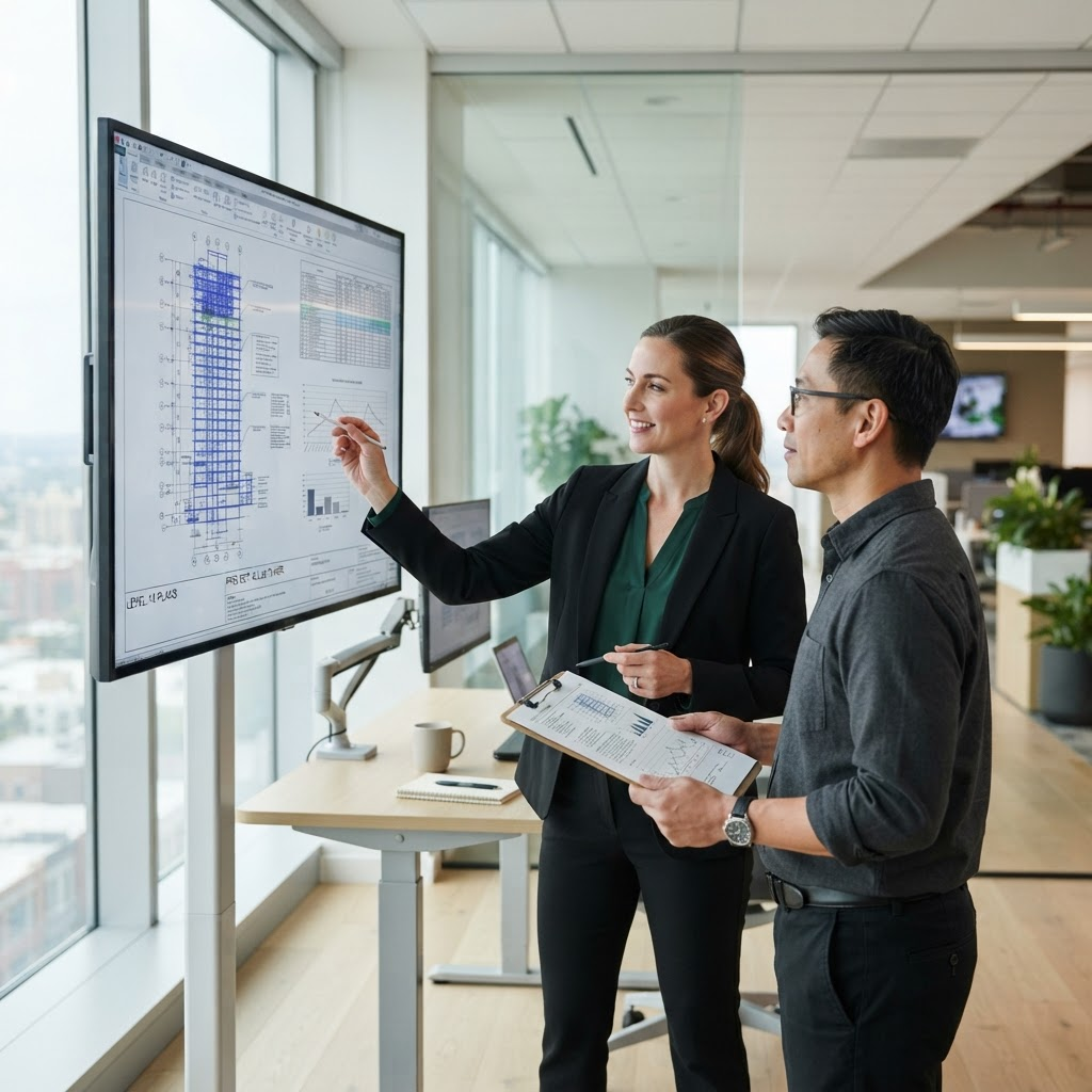 Ingénieurs de GENIA analysant des plans et des données dans un bureau lumineux