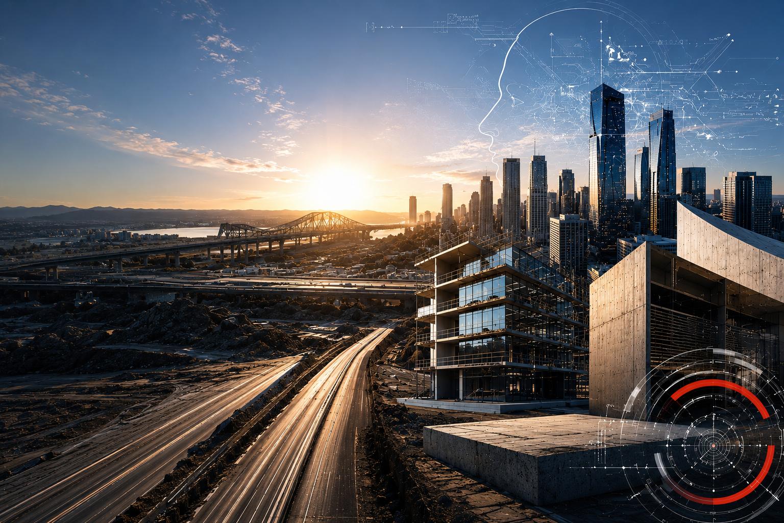Paysage urbain au coucher du soleil avec infrastructures, gratte-ciels et une intelligence artificielle en surimpression